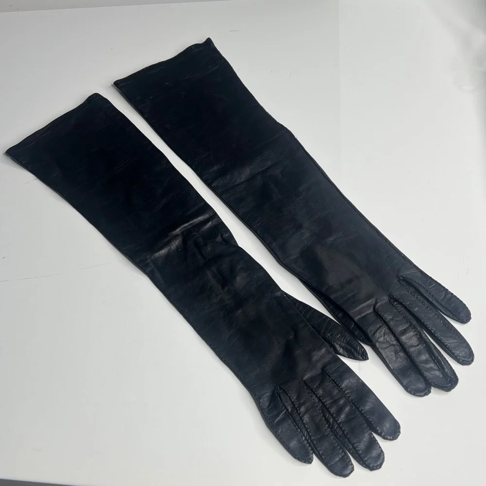 Black 20” Leather Sz 6 Opera Length Gloves Black Crystal Buttons Palm Opening